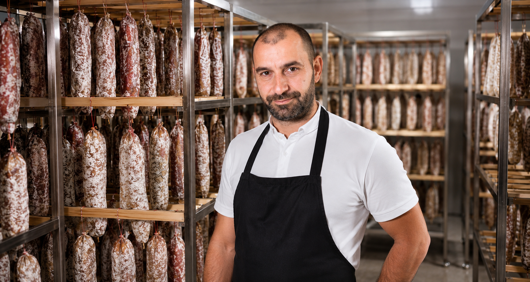 Hanging cured French charcuterie in a dark cellar